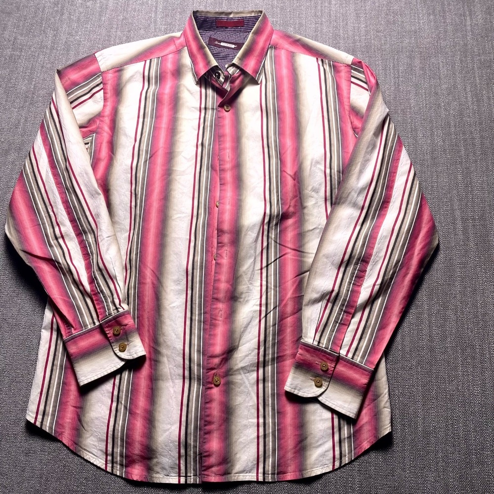 Tommy Hilfiger Mens Medium Multicolor Striped Cotton Silk Button Up Shirt